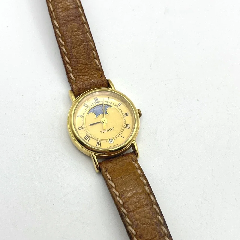 Tissot C220 Moonphase Watch Date Gold Tone Roman Numeral Brown Leather Strap